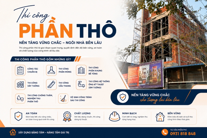 Thi công phần thô gồm những gì? Hạng mục nào nhà thầu lo, hạng mục nào chủ đầu tư tự chuẩn bị?