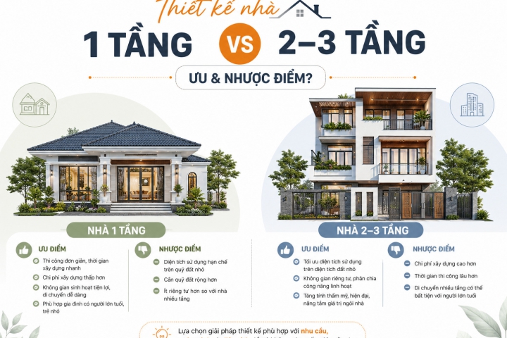 Thiết kế nhà 1 tầng vs 2–3 tầng - Ưu & nhược điểm?